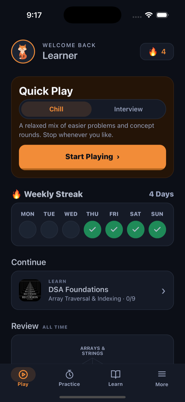 The AlgoFox home screen, showing Quick Play, a four day streak, and a course to continue