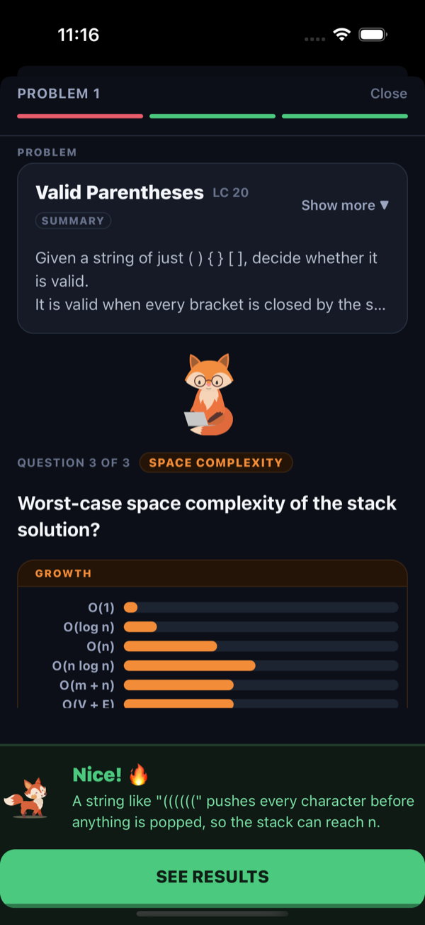 A Quick Play round on Valid Parentheses, asking the worst-case space complexity of the stack solution, with a green panel explaining why the answer was right
